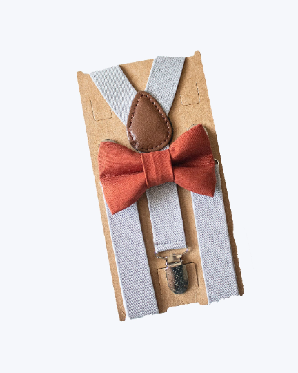 Cinnamon Bow Tie Light Grey Suspenders - Boys To Adult Sizes