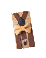 Mustard yellow bow tie and brown suspenders for toddlers up to adult sizes