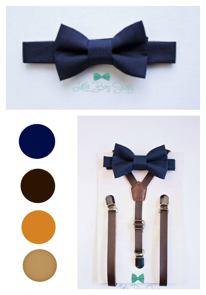 Leather Suspenders Navy Bow Tie Set - Newborn To Adult Sizes