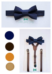 Leather Suspenders Navy Bow Tie Set - Newborn To Adult Sizes