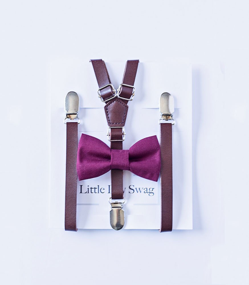 Brown Leather Suspenders Wine Bow Tie Set - Boys to Adult Sizes 6-10 Yrs / Set-Clip On Bow, image size:874x1000