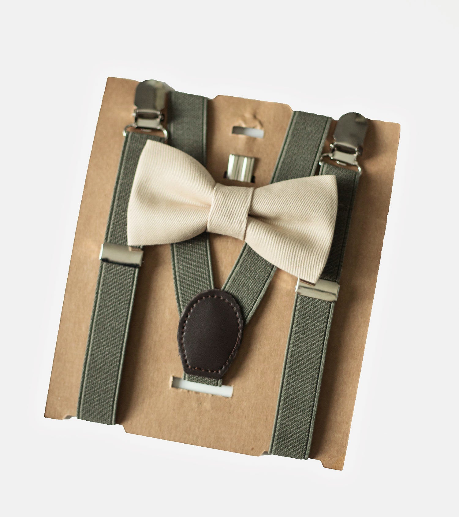 Moss Green Suspenders Khaki Bow Tie Set Newborn To Adult Sizes - Main Image