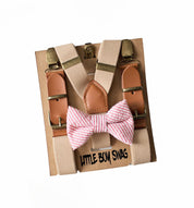 Coral Bow Tie Beige Leather Suspenders - Toddler To Adult Sizes