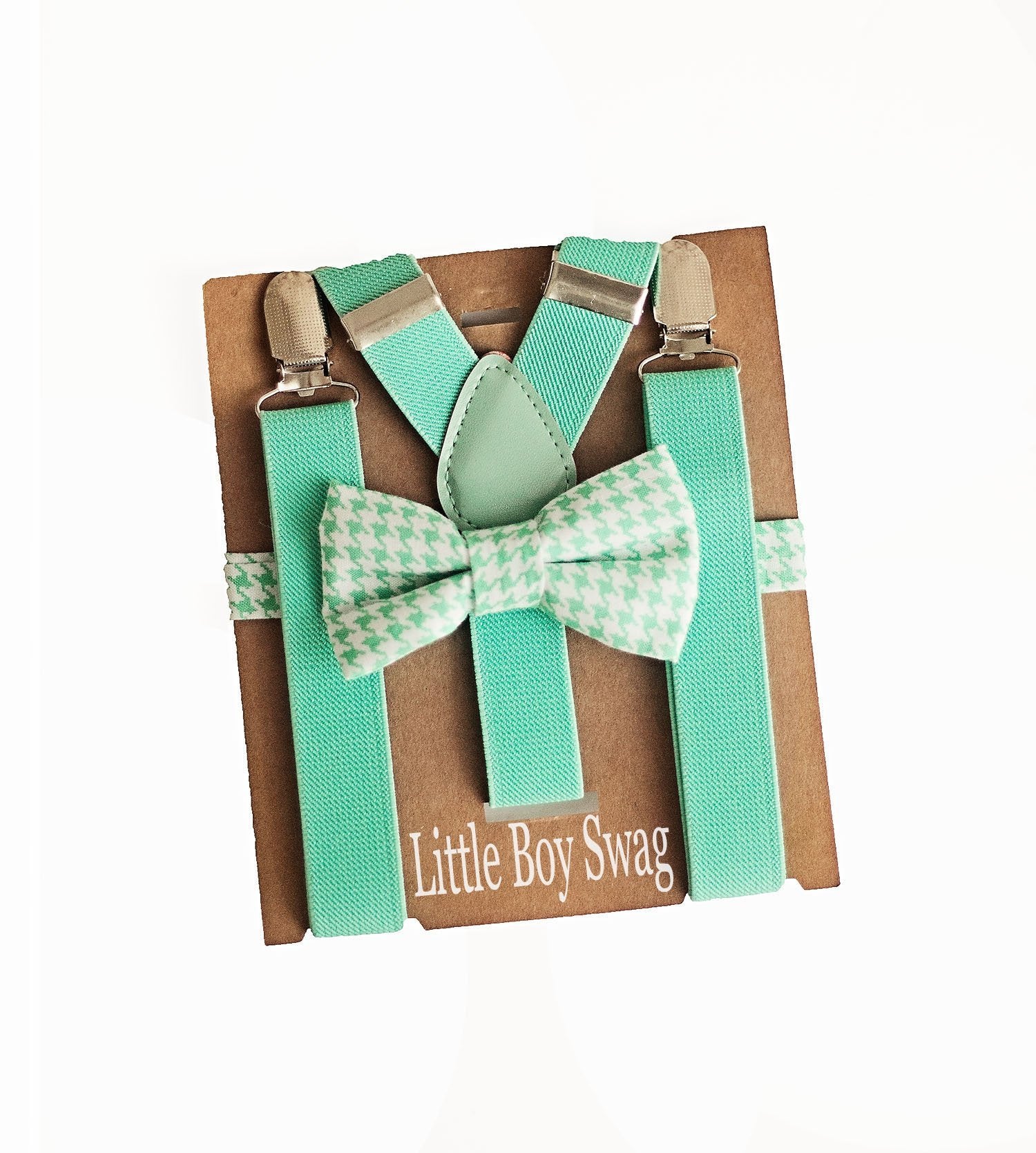 Turquoise Hounds Tooth Bow Tie \u0026 Suspenders for Boys to Men NB-2 Yrs / Set-Fabric Strap Bow, image size:1500x1668