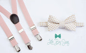 Beige Checkered Bow Tie Blush Suspenders - Newborn To Adult Sizes