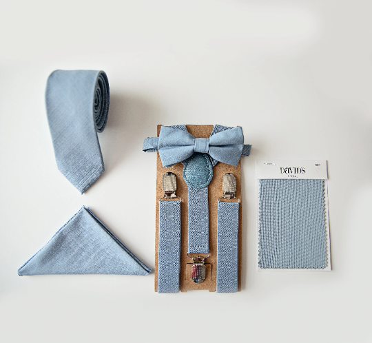 Dusty blue necktie, pocket square, bow tie and suspenders set