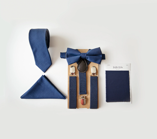 Navy pocket square, necktie, bow tie and suspenders set