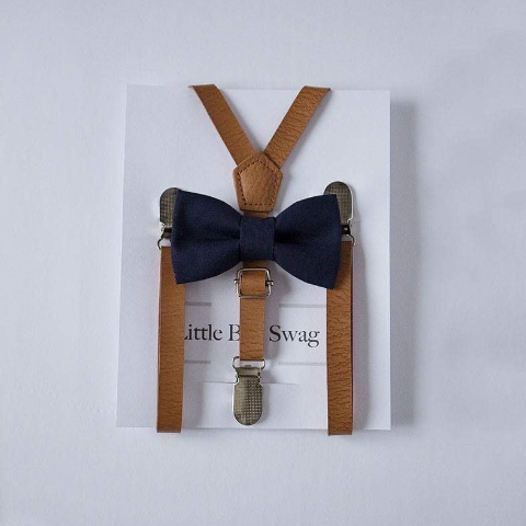 Navy bow tie and tan leather suspenders set for boys - Little Boy Swag