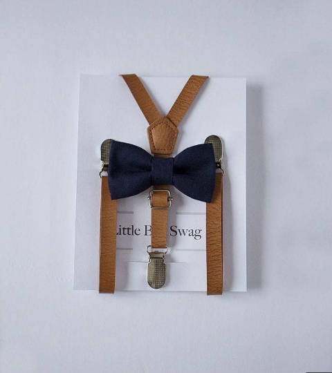 Navy bow tie and tan leather suspenders set for boys - Little Boy Swag
