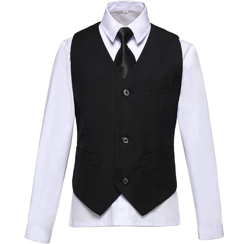 Boys Black Suit Vest Necktie Set - Fits 2 Years To 15 Years Old