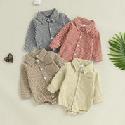 Baby Boy Plaid Shirt Romper - Button-Down Long Sleeve Collared One-Piece Outfit