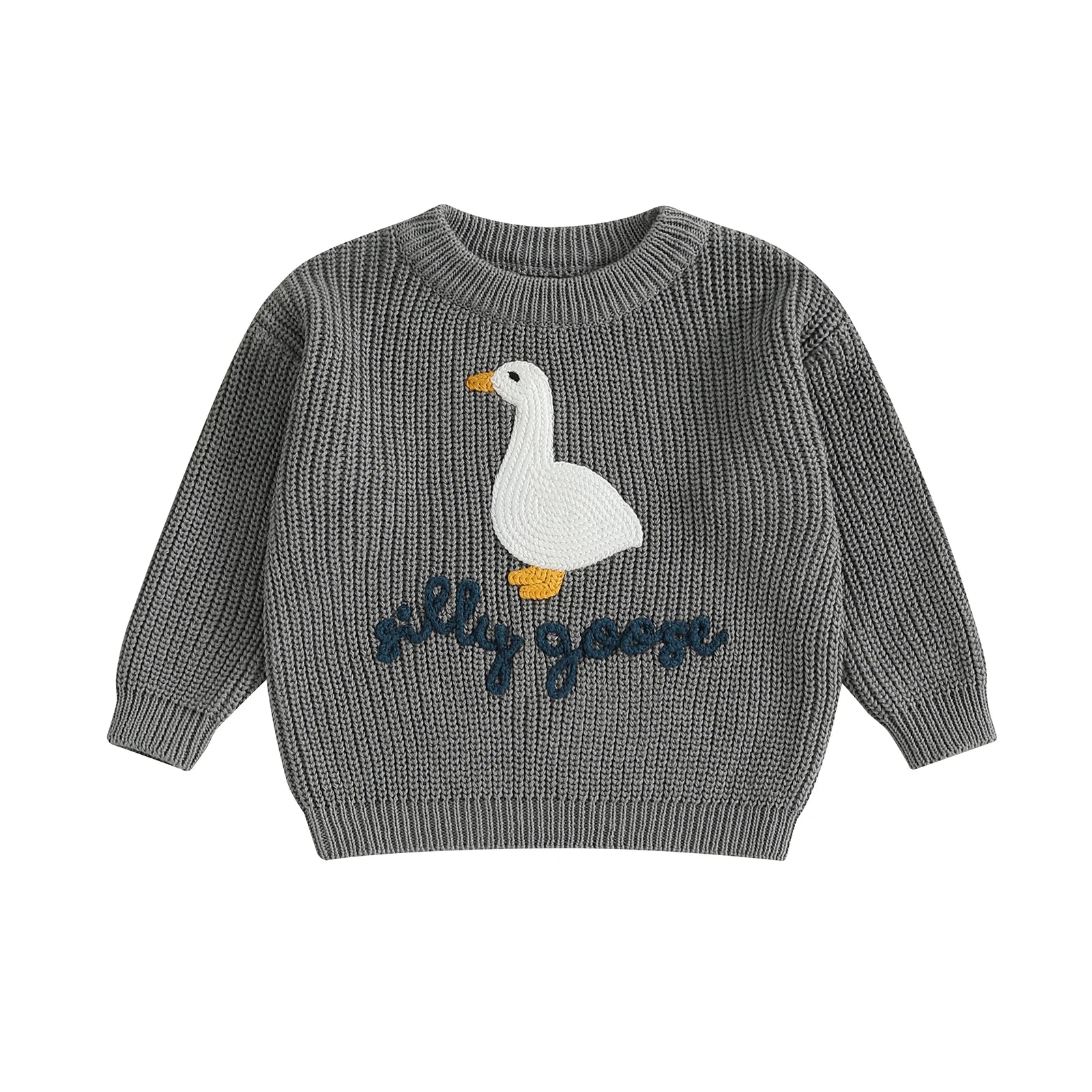 Blue goose embroidered chunky knit sweater for baby and toddler