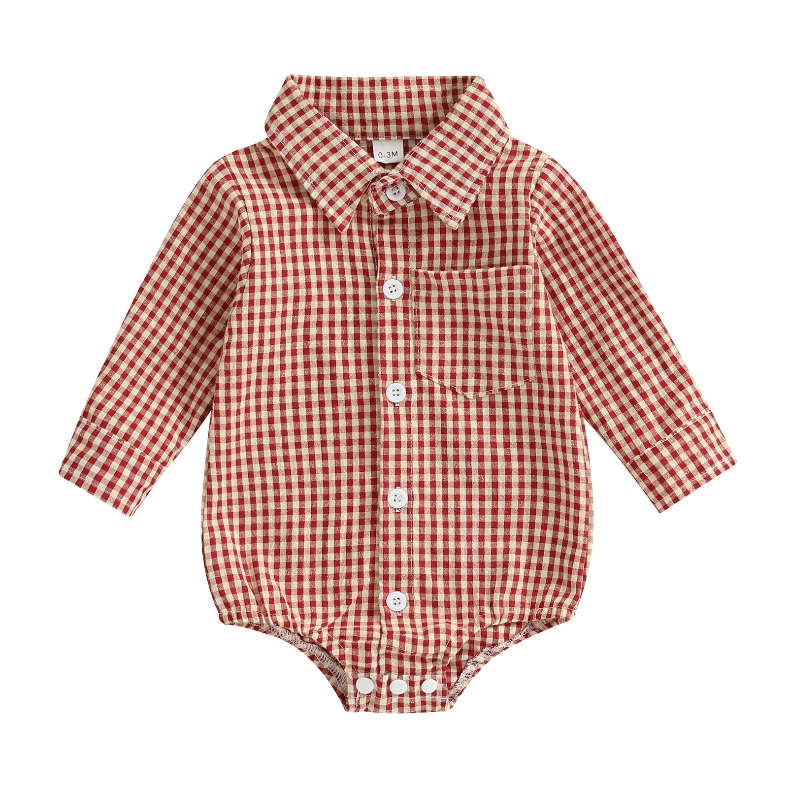 Baby boy red plaid shirt romper - button-down long sleeve collared one-piece