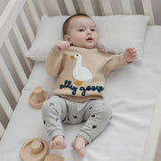 Chunky knit baby sweater with goose embroidery - soft cotton