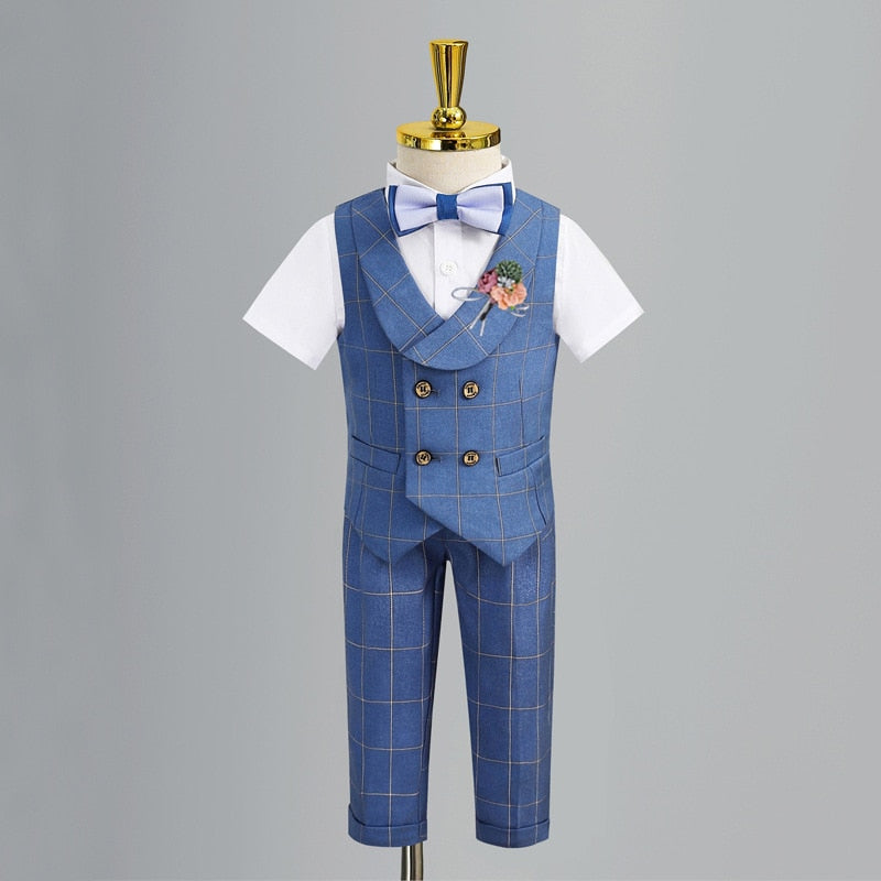 Blue Plaid Boys Suit, Vest, Pants, Shirt - Fits 12 Months To 12 Years