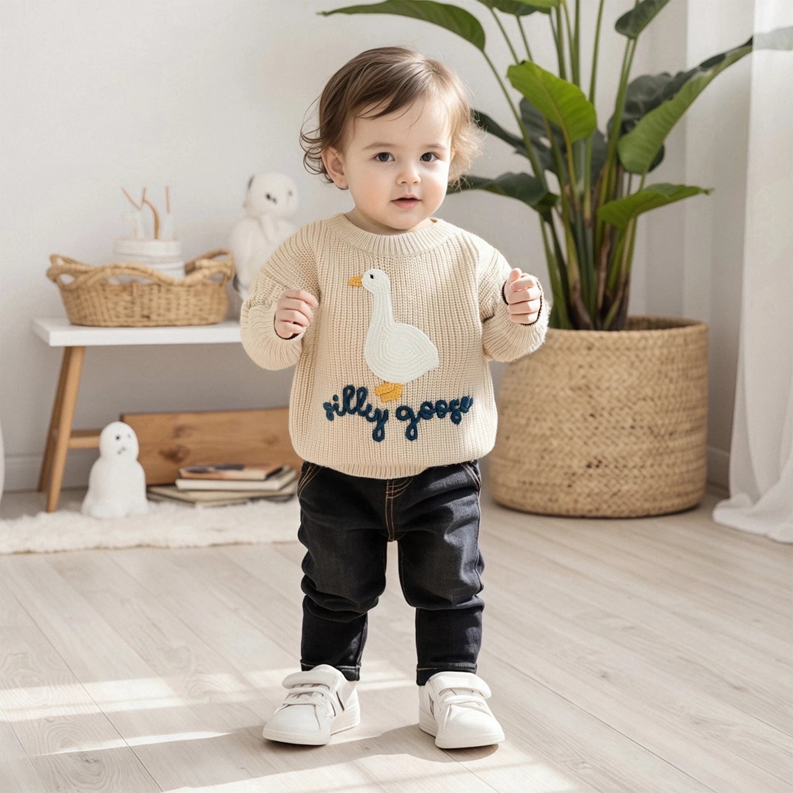 Baby goose sweater with embroidered goose - chunky knit crewneck