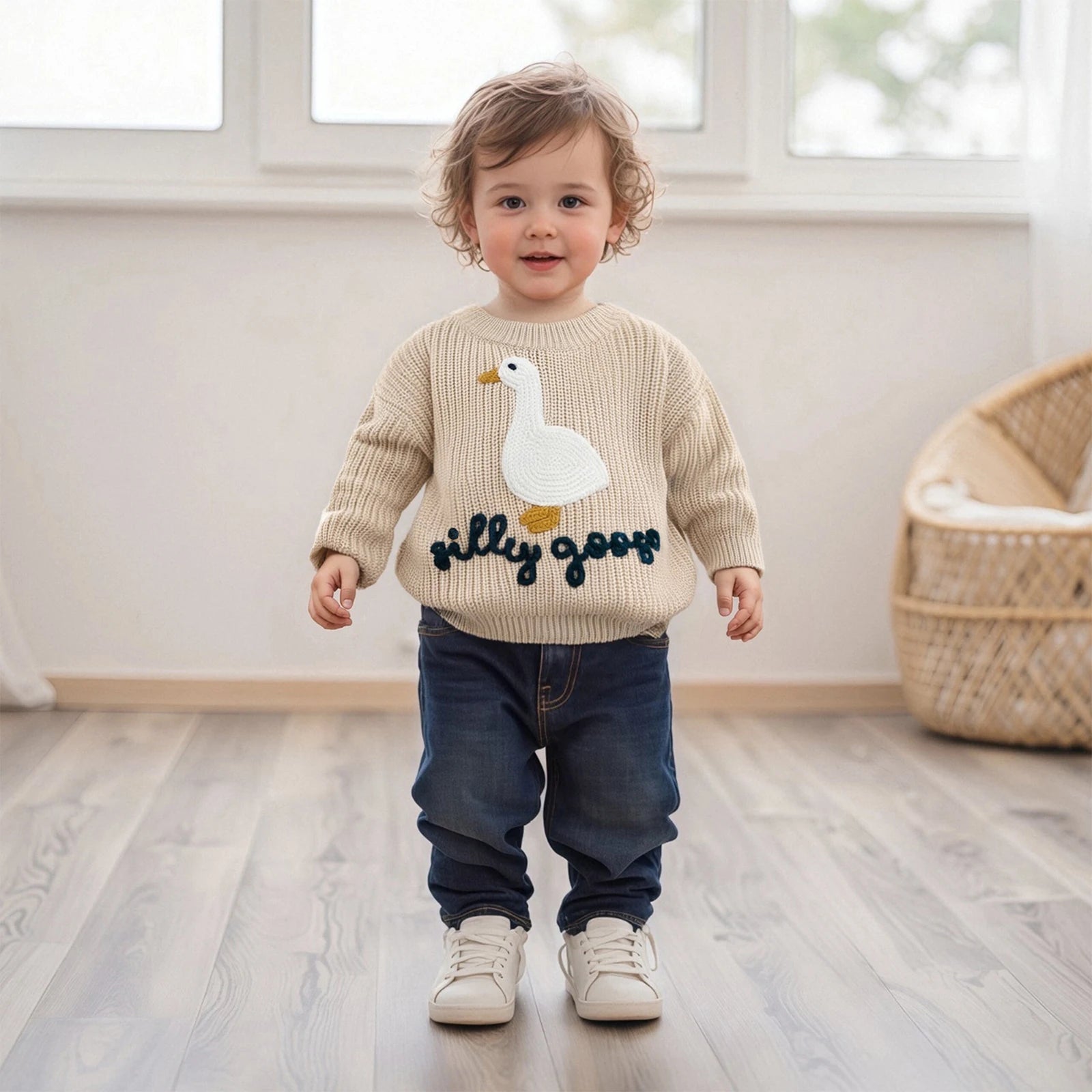 Toddler goose embroidered knit sweater close-up