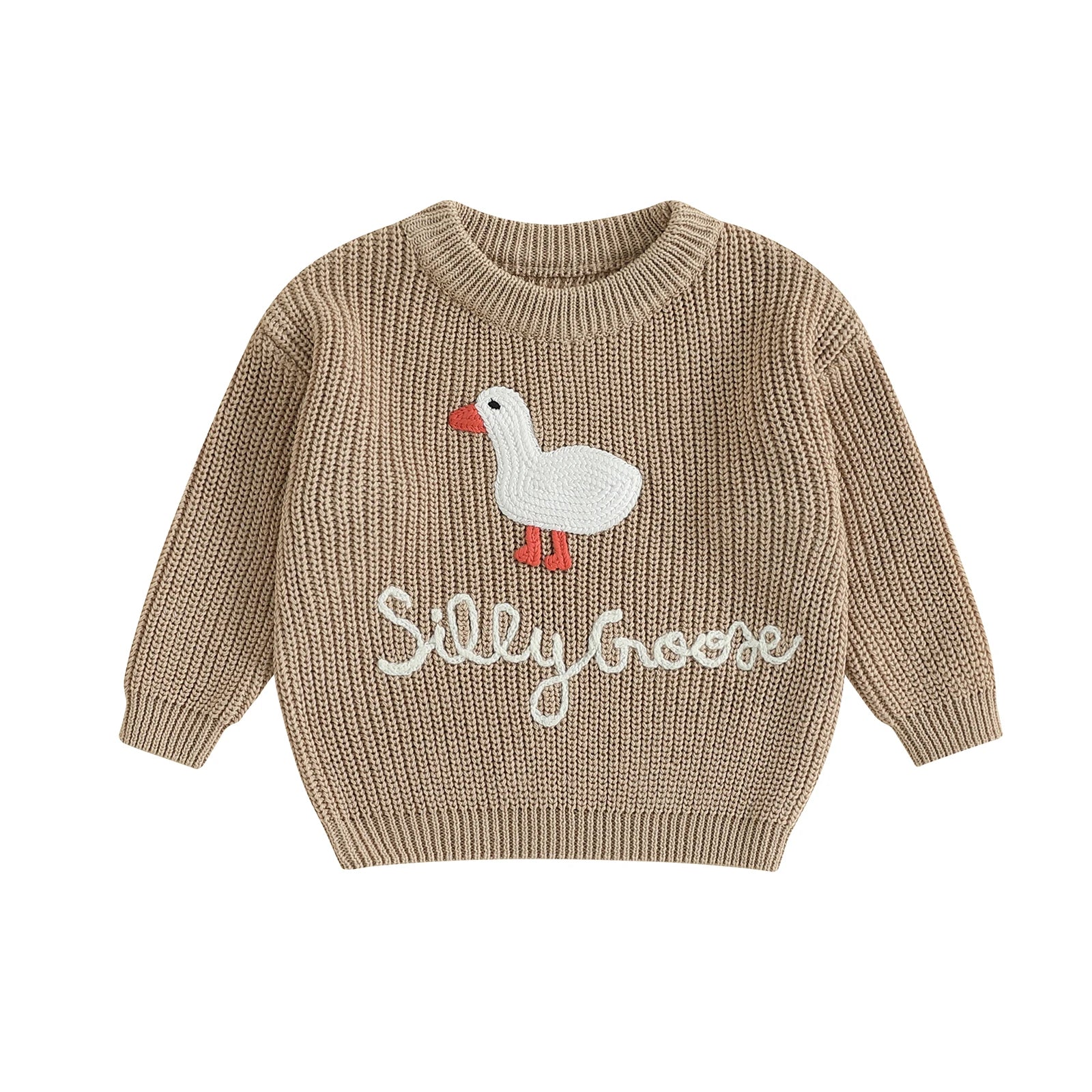 Khaki goose embroidered chunky knit sweater for baby and toddler