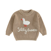 Khaki goose embroidered chunky knit sweater for baby and toddler