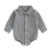 Baby boy navy plaid shirt romper - button-down long sleeve collared one-piece