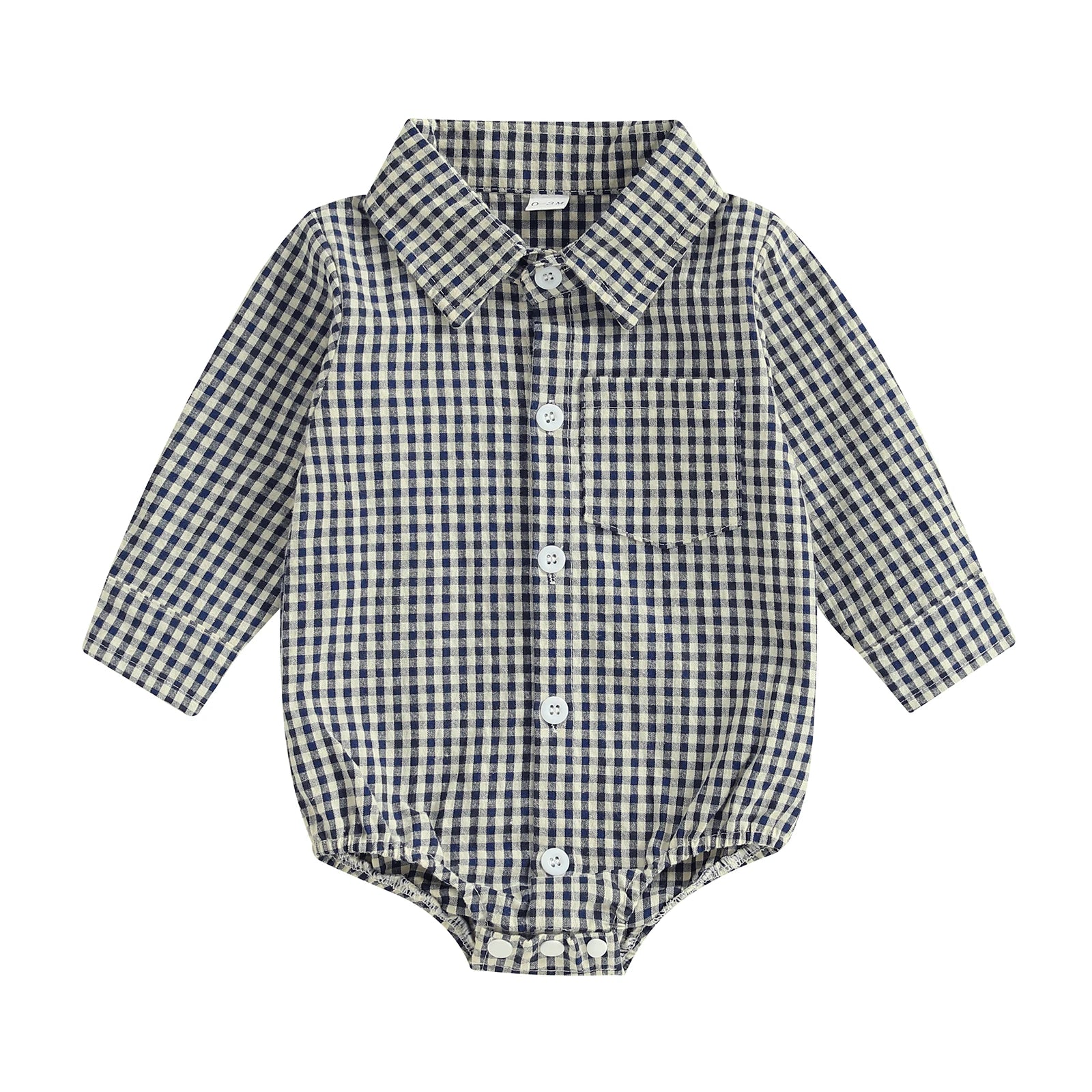 Baby boy navy plaid shirt romper - button-down long sleeve collared one-piece
