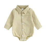 Baby boy yellow plaid shirt romper - button-down long sleeve collared one-piece