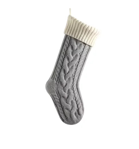 White and grey personalized knit Christmas stocking