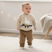 Goose sweater for baby and toddler in ivory, khaki and blue