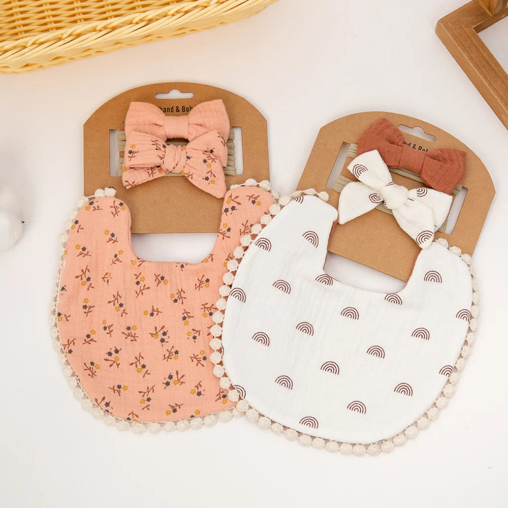 3-Piece Baby Bib & Bow Headband Gift Set - Floral Bandana Drool Bibs For Newborns