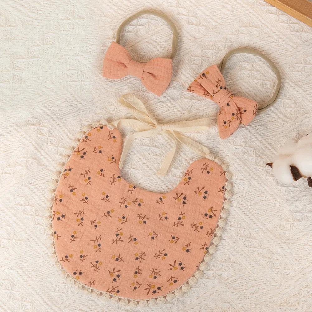 3-Piece Baby Bib & Bow Headband Gift Set - Floral Bandana Drool Bibs For Newborns