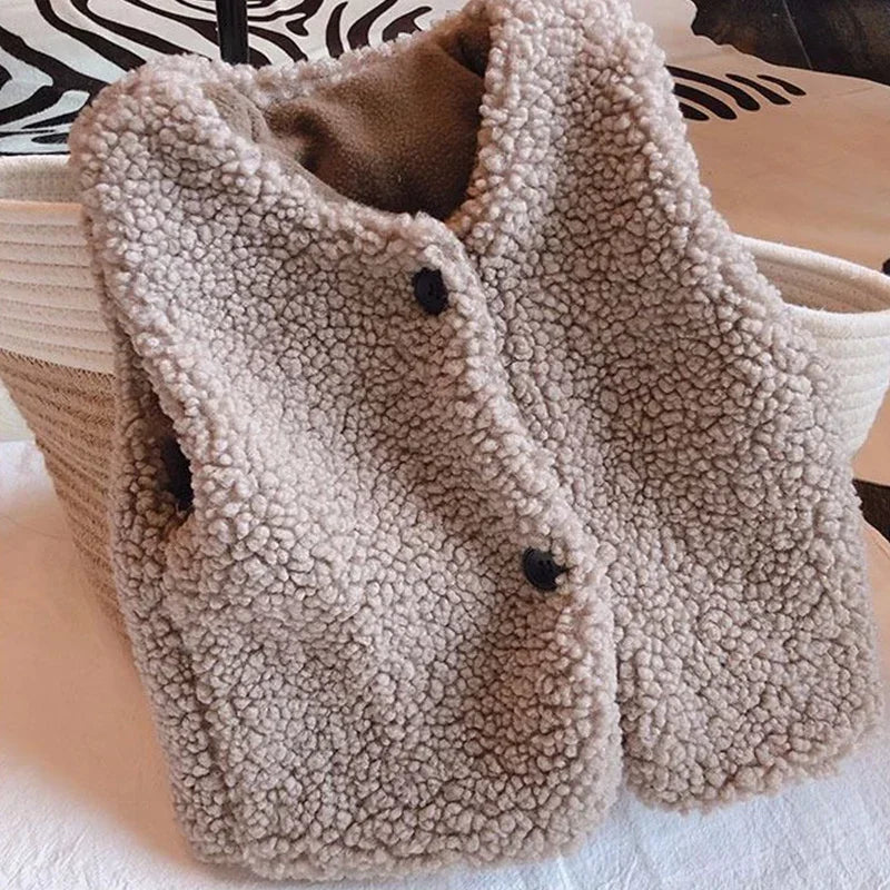 Kids sherpa fleece vest in coffee