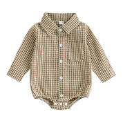 Baby boy brown plaid shirt romper - button-down long sleeve collared one-piece