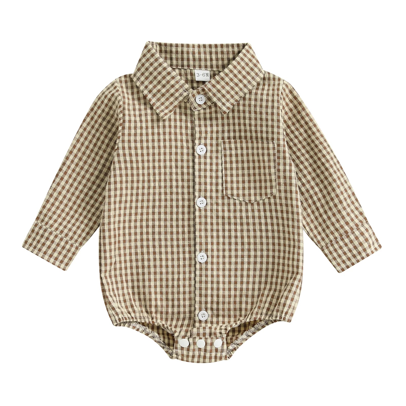 Baby boy brown plaid shirt romper - button-down long sleeve collared one-piece