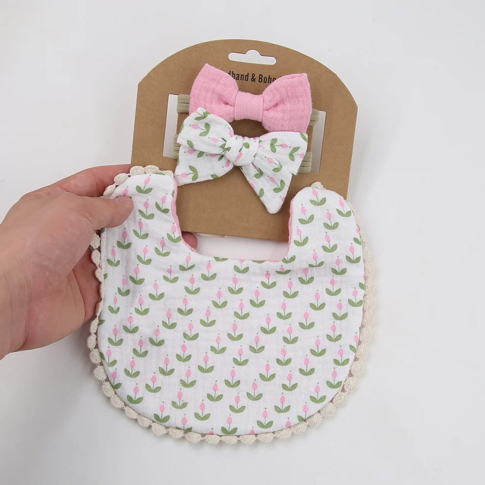 3-Piece Baby Bib & Bow Headband Gift Set - Floral Bandana Drool Bibs For Newborns