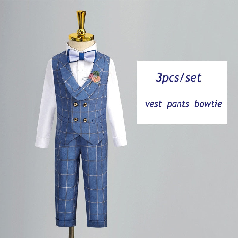 Blue Plaid Boys Suit, Vest, Pants, Shirt - Fits 12 Months To 12 Years