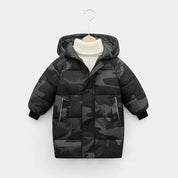 Kids long winter parka in camo