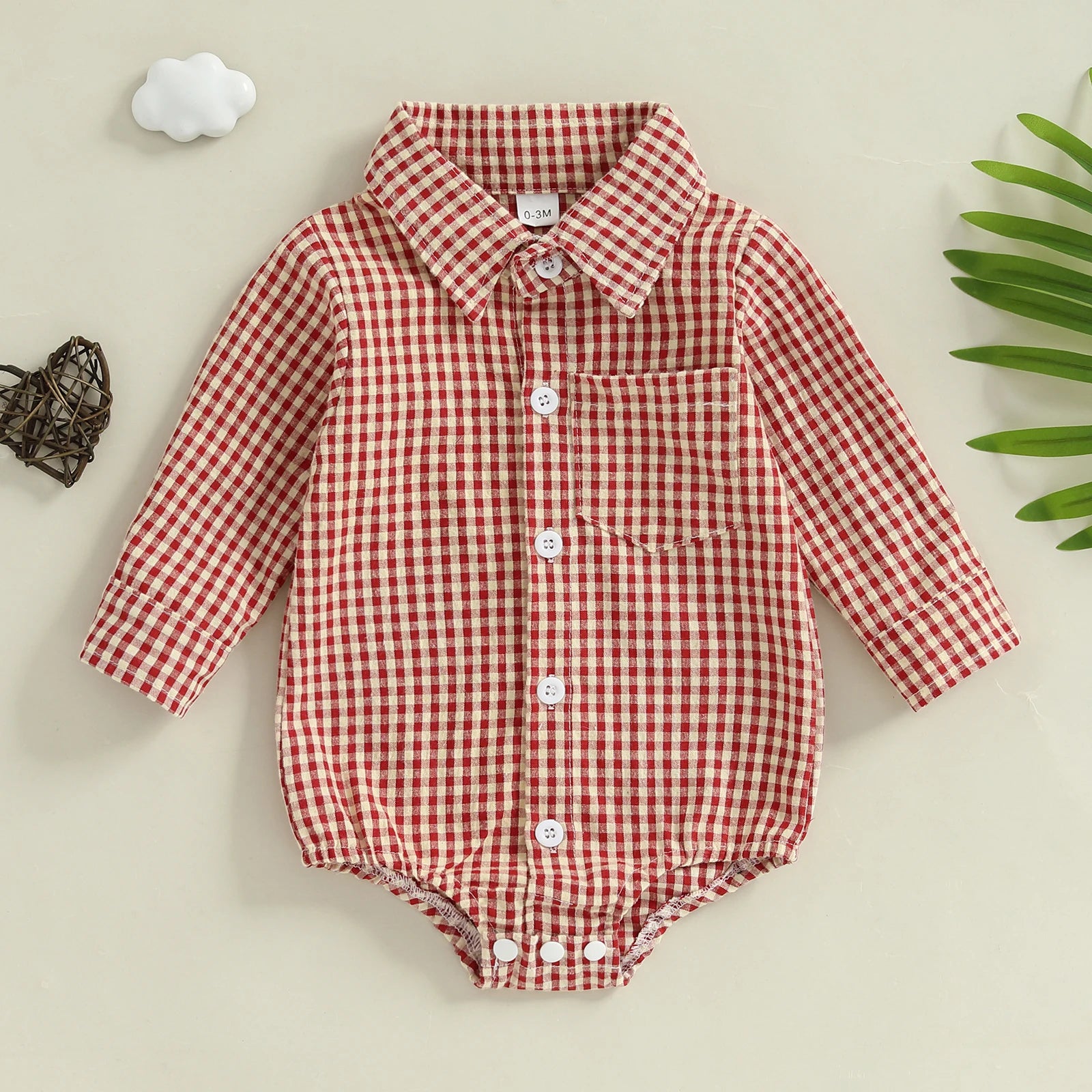 Baby Boy Plaid Shirt Romper - Button-Down Long Sleeve Collared One-Piece Outfit