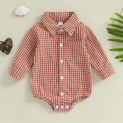 Baby Boy Plaid Shirt Romper - Button-Down Long Sleeve Collared One-Piece Outfit