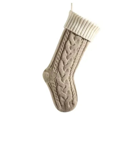 White and khaki personalized knit Christmas stocking