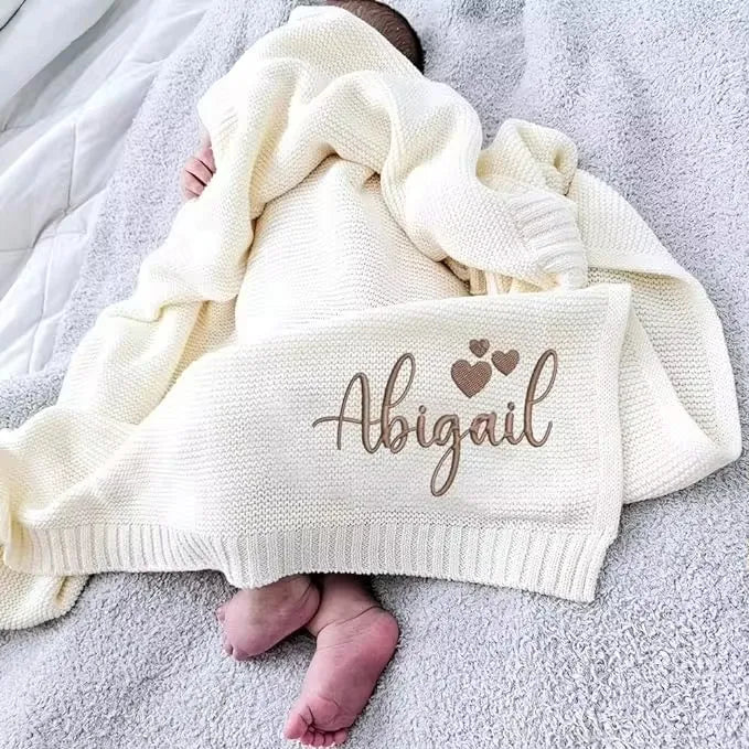Custom name knit baby blanket, embroidered personalized gift