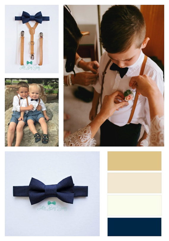 Boys Navy Bow Tie Beige Leather Suspenders - Boys To Adult Sizes