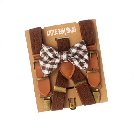 BrownGinghamBowTieLeatherSuspendersNewbornToAdultSizes.png