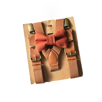 Cinnamon Bow Tie Brown Leather Buckle Suspenders - Boys To Adult Sizes