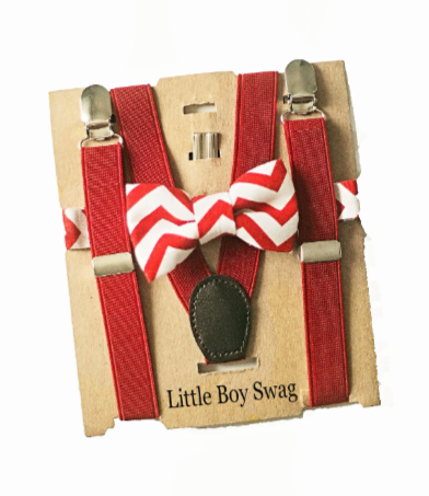 Red Chevron Bow Tie Suspenders - Newborn To Adult Sizes
