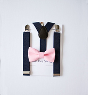 Blush Bow Tie Navy Suspenders - Boys To Adult Sizes