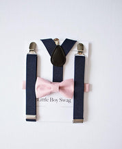 Dusty Rose Bow Tie Navy Suspenders -Toddler To Adult Sizes