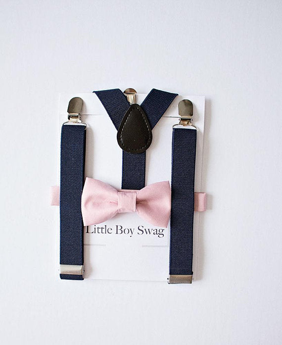 Dusty Rose Bow Tie Navy Suspenders -Toddler To Adult Sizes