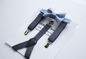 Dusty Blue Bow Tie Dark Grey Suspenders Set - Toddler To Adult Sizes