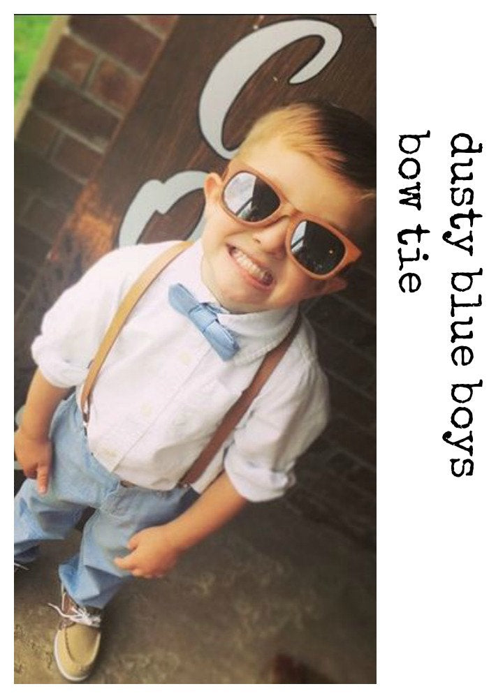 Dusty Blue Bow Tie Tan Leather Suspenders Set - Newborn To Adult Sizes