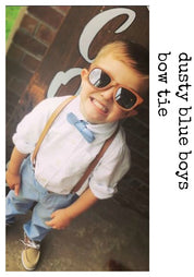 Dusty Blue Bow Tie Tan Leather Suspenders Set - Newborn To Adult Sizes